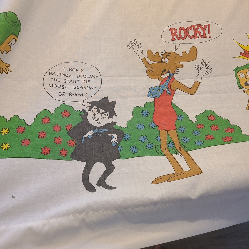 Rocky and Bullwinkle Flat Twin Size Sheet, 98 X 72 Inches, From The 1970s